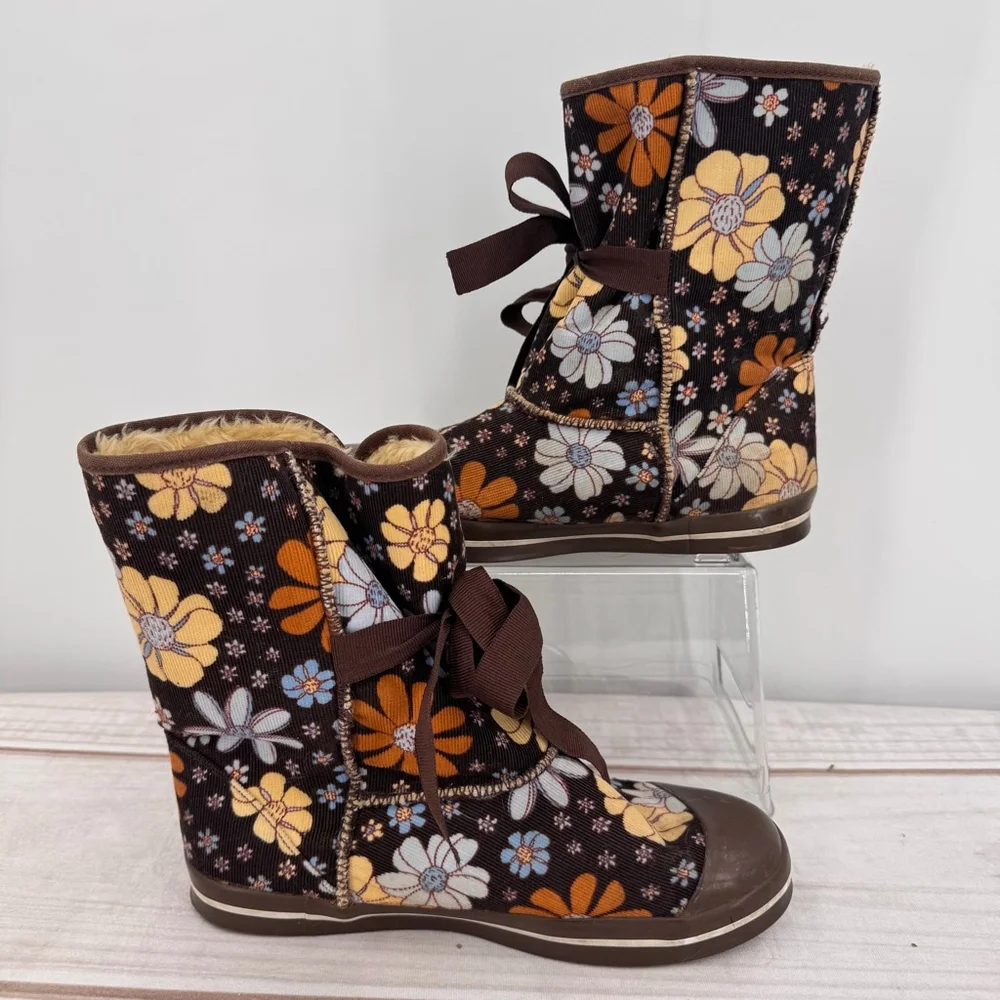 No Boundaries Lexie Boots Brown Corduroy Retro Floral Flower Power Boho Hippie 8